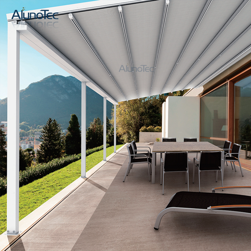 Folding Awning Retractable Roof Systems With Operable Louvers