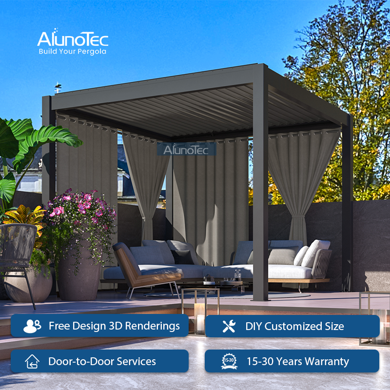 Patio Pavillion Motorised Louvred Roof Backyard Structure Solar Pergola with Slats Fence