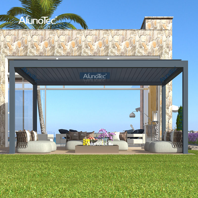 AlunoTec Width White Motorized Louver 28' X 5' By 19' X 8' Pergola Shades with Open Fireplace LED Ceiling Fan