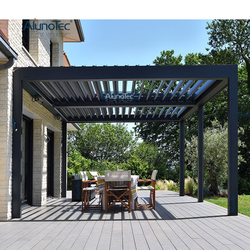 AlunoTec 4m X 9m Pool BBQ Area Louvered Roof Covers A Pergola with Sliding Glass Walls.