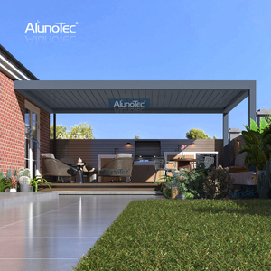 AlunoTec Width White Motorized Louver 28' X 5' By 19' X 8' Pergola Shades with Open Fireplace LED Ceiling Fan
