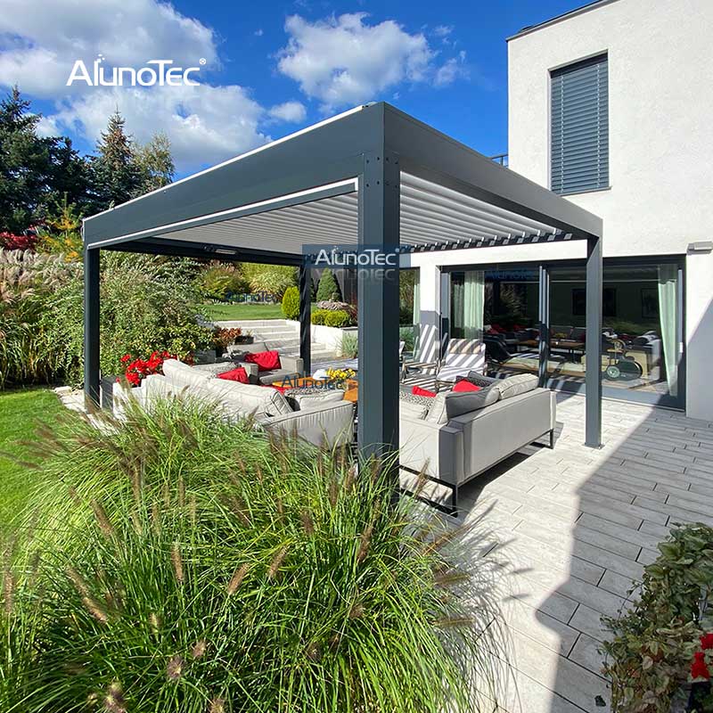  AlunoTec Motorised Garage Pergola Waterproof Roof System with Frameless Sliding Glass Door