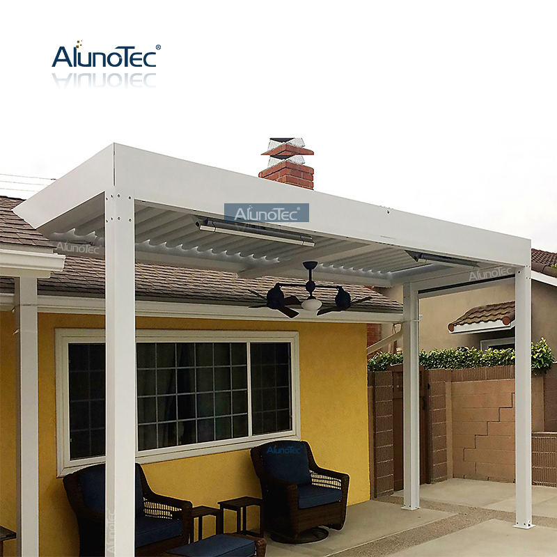 AlunoTec Motorized Waterproof Patio Cover Louver Roof Aluminum Automatic Awning Outdoor Gazobo Pergola with LED Lights